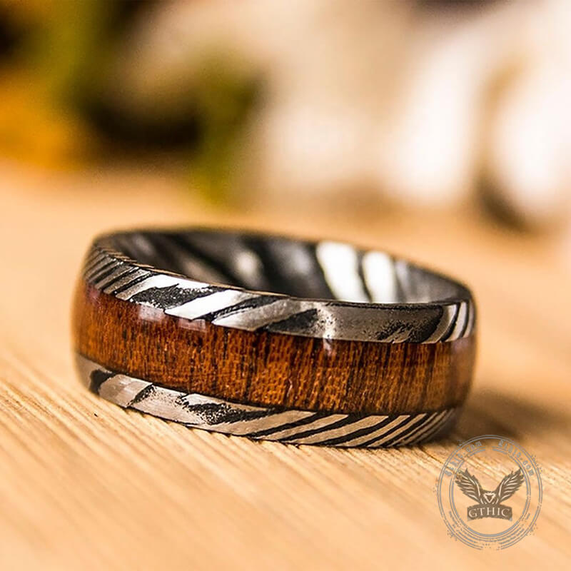 Anillo minimalista de madera y acero de Damasco