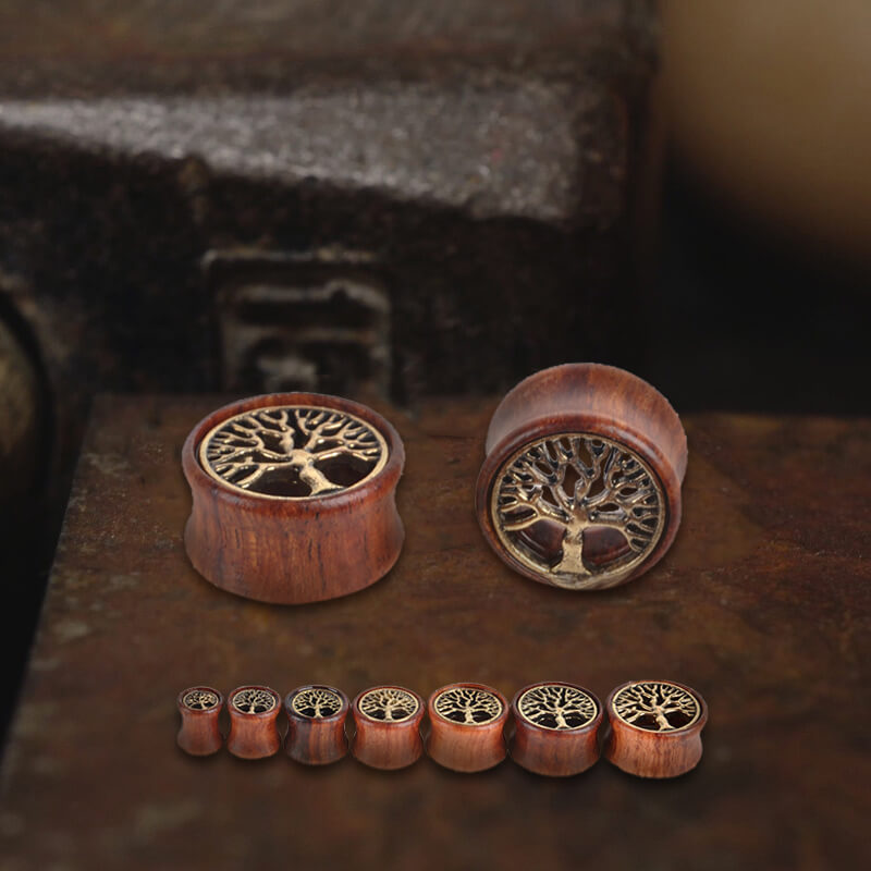 Wooden Tree of Life Brass Ear Gauges