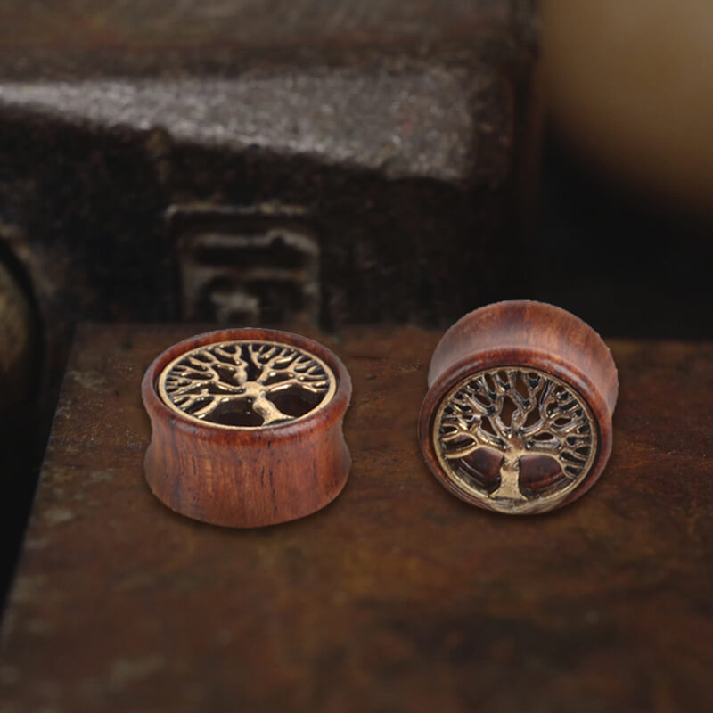 Wooden Tree of Life Brass Ear Gauges