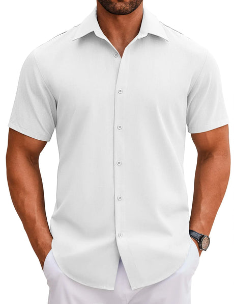 COOFANDY Mens Short Sleeve Button Down Shirts Casual Button Up Shirts for Men Summer Shirts White - Lootquake