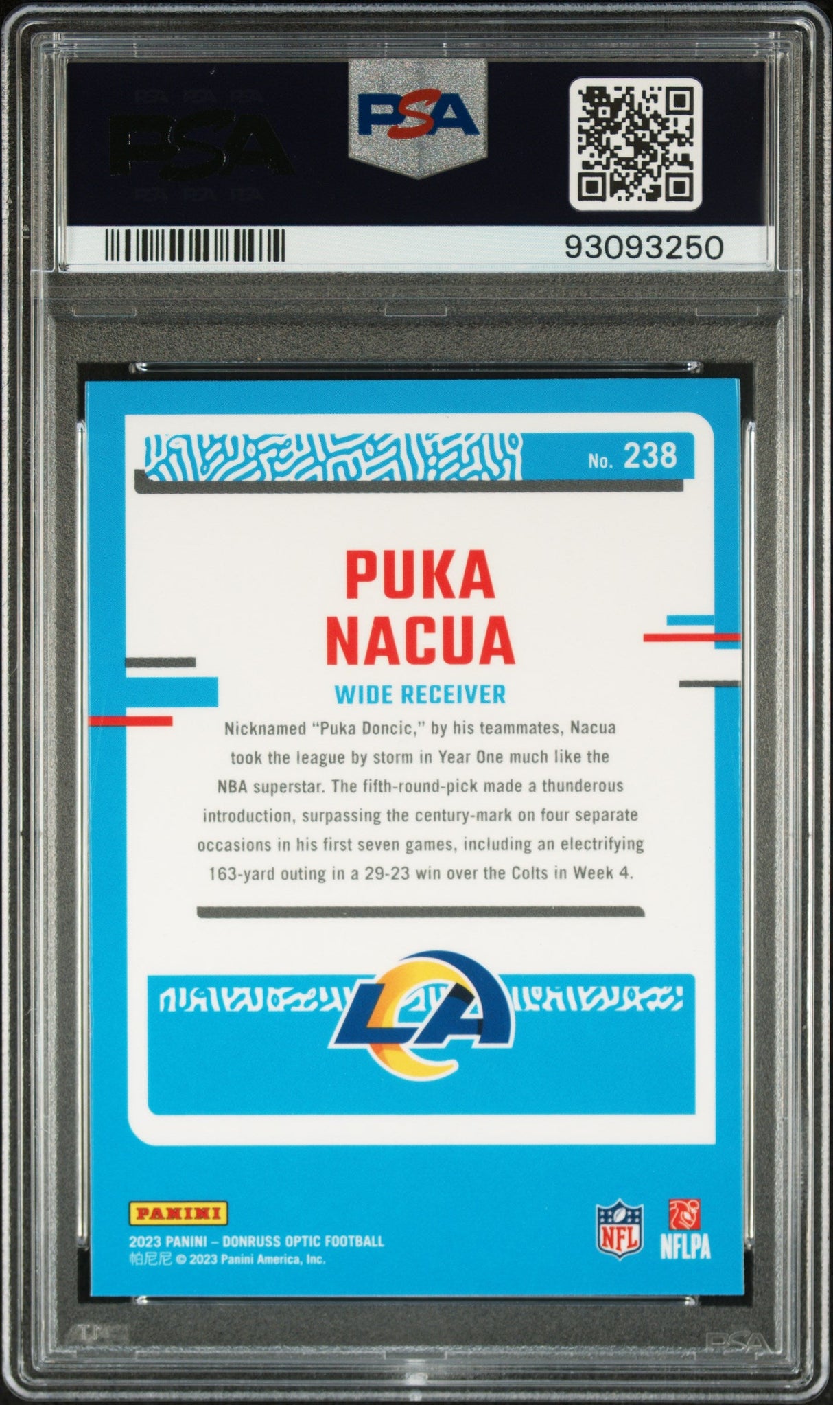 Tarjeta de fútbol RC Puka Nacua #238 de novato Panini Donruss Optic, calificada en 2023, PSA 10 Gem Mint