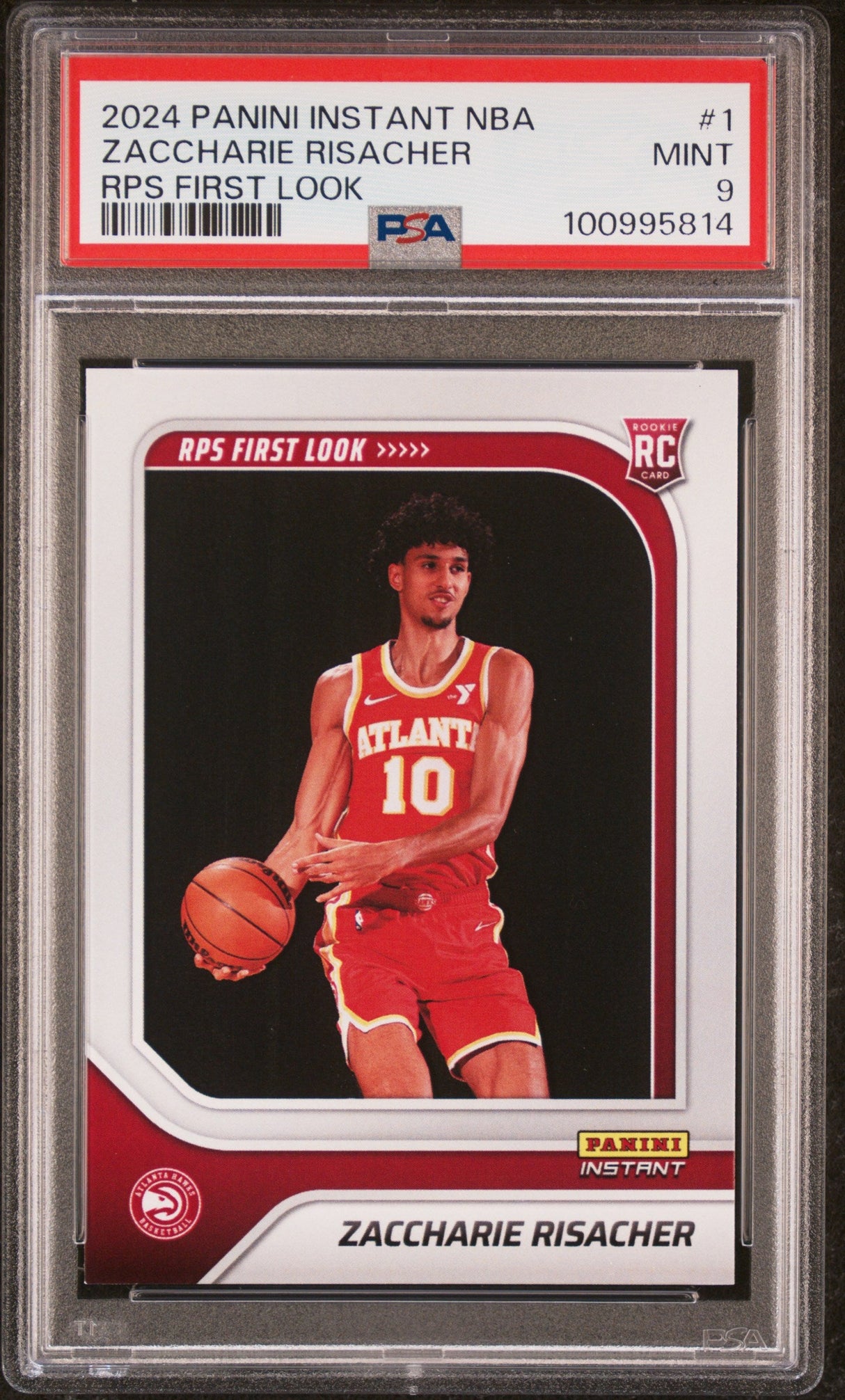 Tarjeta de baloncesto RC de novato de primer vistazo de Zaccharie Risacher #1 RPS de Panini Instant NBA de 2024, calificada y de primera calidad, PSA 9 Mint