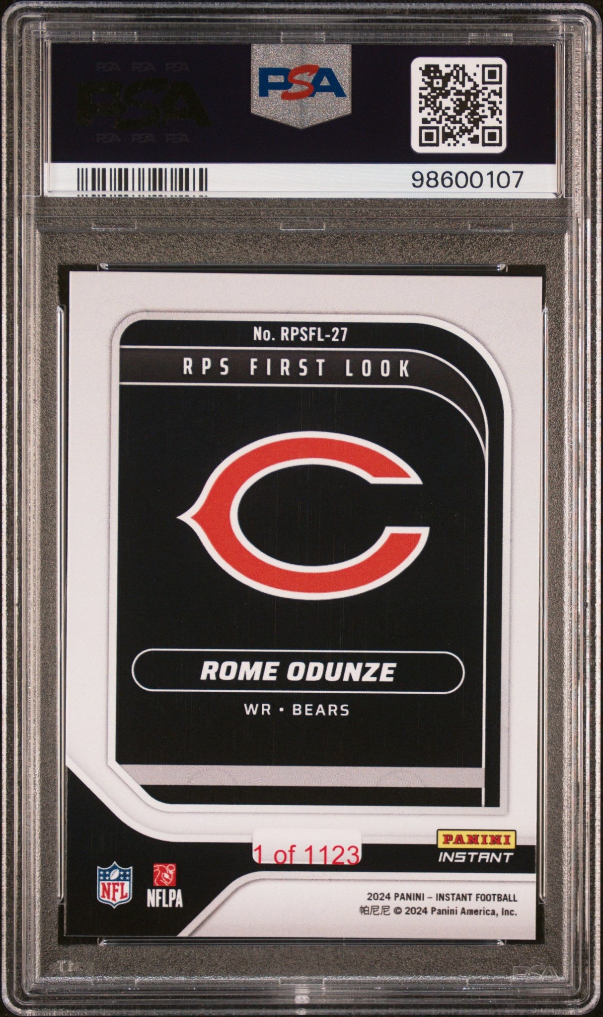Tarjeta de fútbol americano de primera vista de Rome Odunze #RPSFL27 de Panini Instant NFL 2024, calificada para el equipo de novatos de RC, PSA 9 Mint