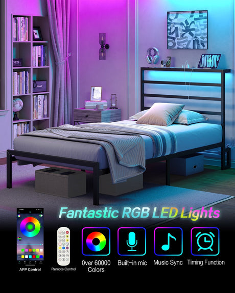 Yanosaku BF006-GR-T Twin Classic Metal Bed Frame with LED Lights & Charging-4