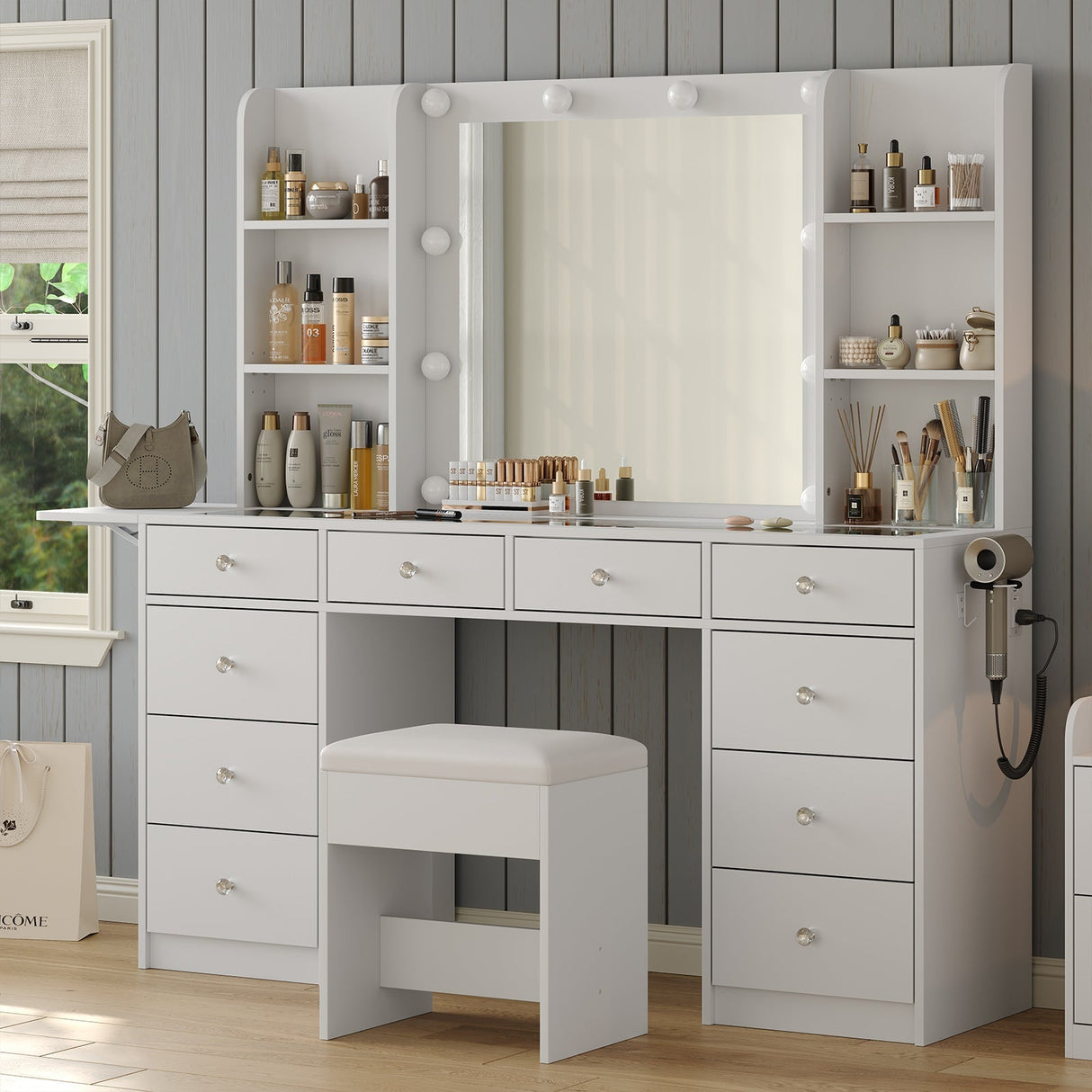 Yanosaku VD011 Bedroom Makeup Vanity desk with LED Mirror, 11 Drawers