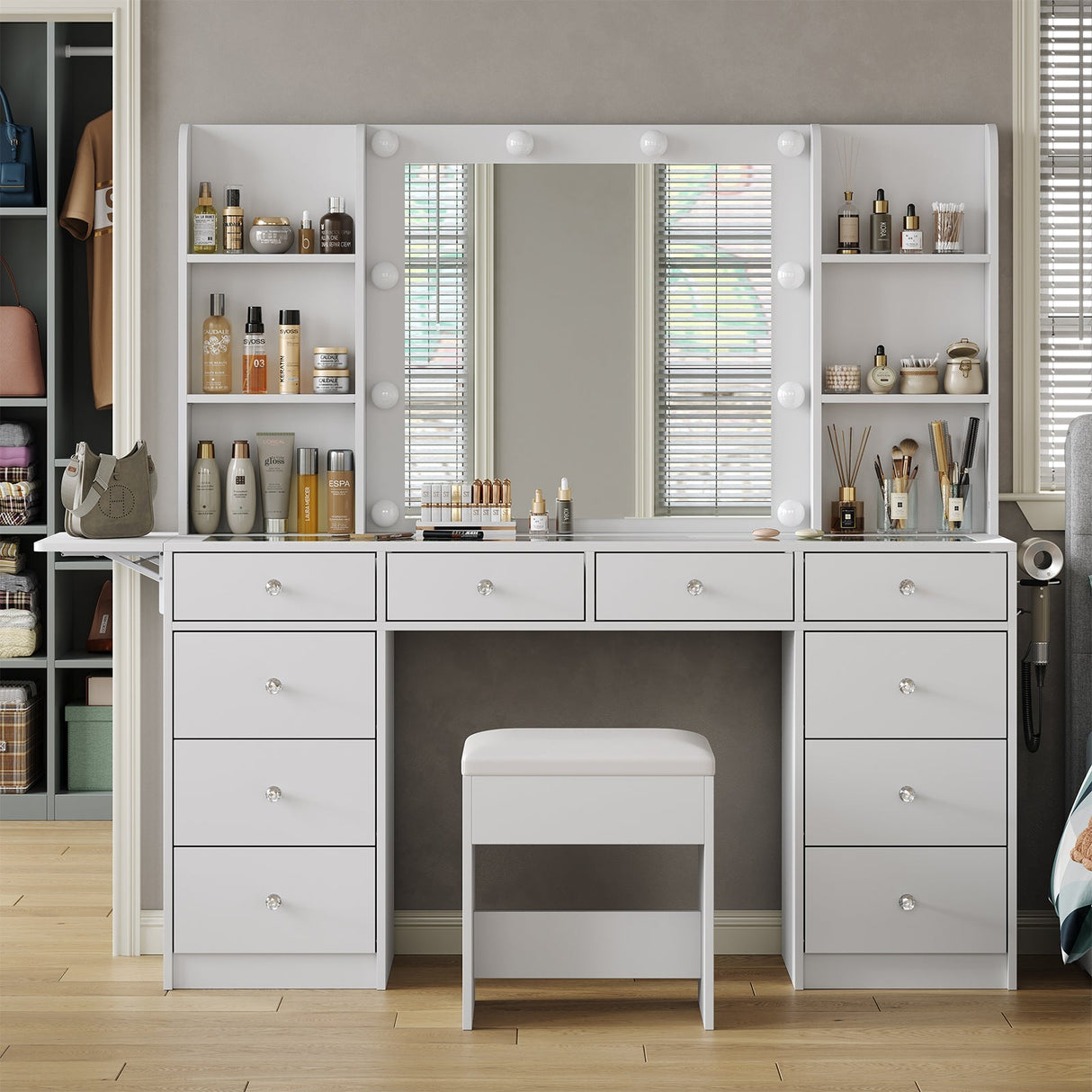 Yanosaku VD011 Bedroom Makeup Vanity desk with LED Mirror, 11 Drawers
