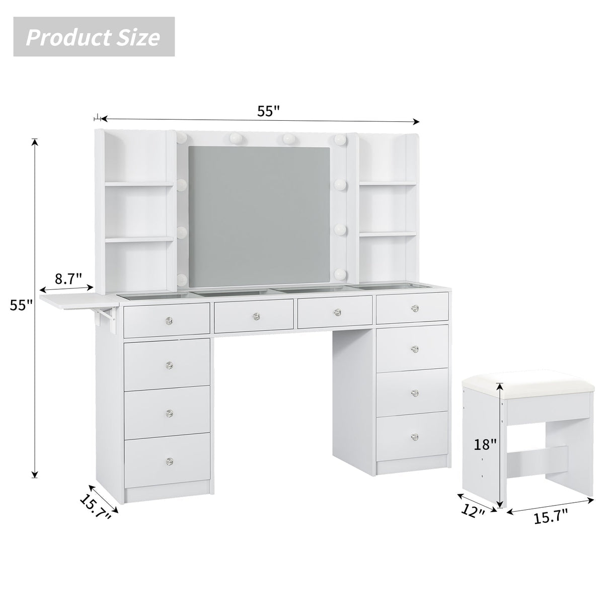 Yanosaku VD011 Bedroom Makeup Vanity desk with LED Mirror, 11 Drawers