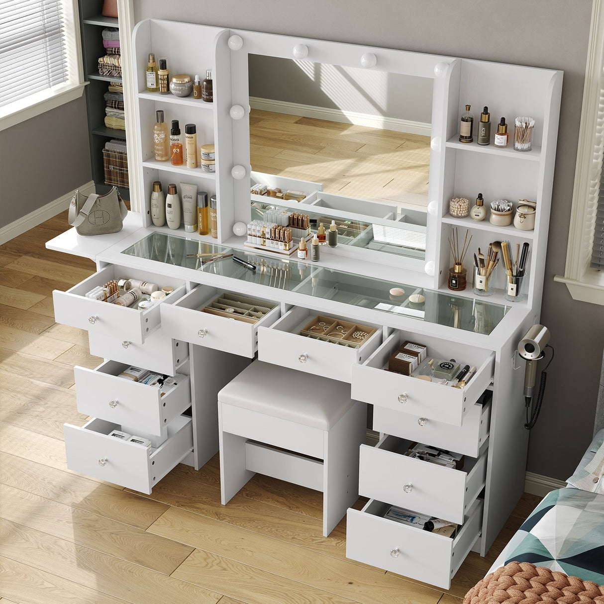 Yanosaku VD011 Bedroom Makeup Vanity desk with LED Mirror, 11 Drawers