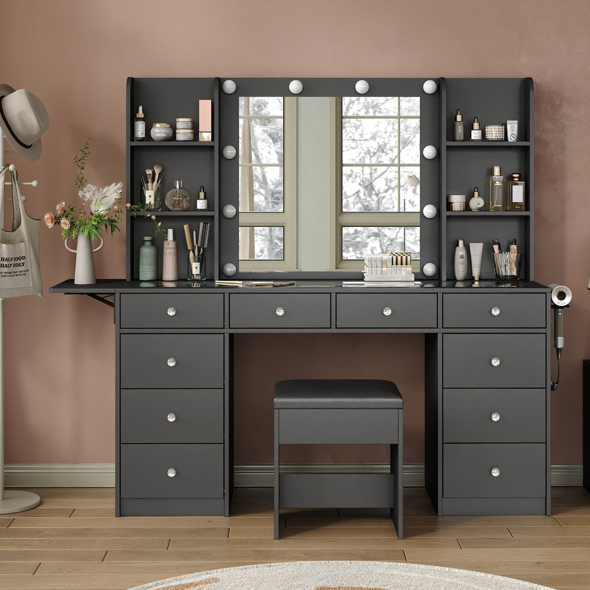 Yanosaku VD011 Bedroom Makeup Vanity desk with LED Mirror, 11 Drawers