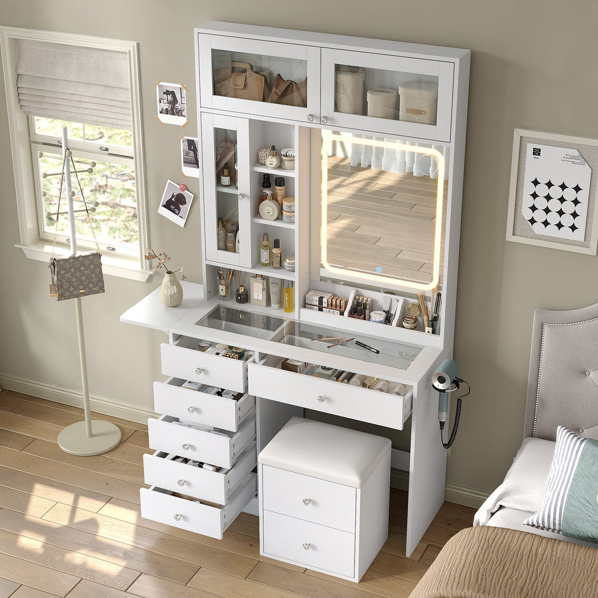 Yanosaku VD022 Vanity Desk with Mirror, Lights, Drawers, Stool, White-2