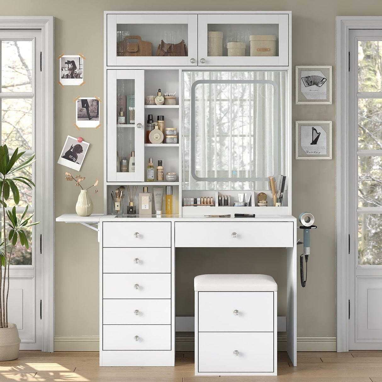 Yanosaku VD022 Vanity Desk with Mirror, Lights, Drawers, Stool, White-3
