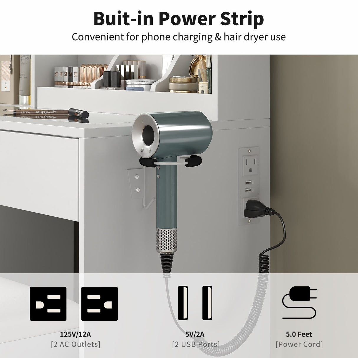 Yanosaku VD022 Vanity Desk with Mirror, Lights, Drawers, Stool, White-4