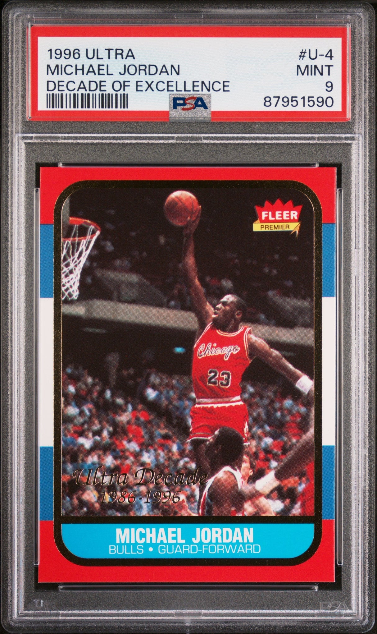 Graded 1996 Fleer Ultra Michael Jordan #U4 Decade of Excellence Rookie Reprint Basketball Card PSA 9 Mint