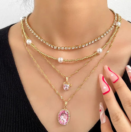 Multi-layer Pink Heart Crystal Pendant Necklaces - Lootquake
