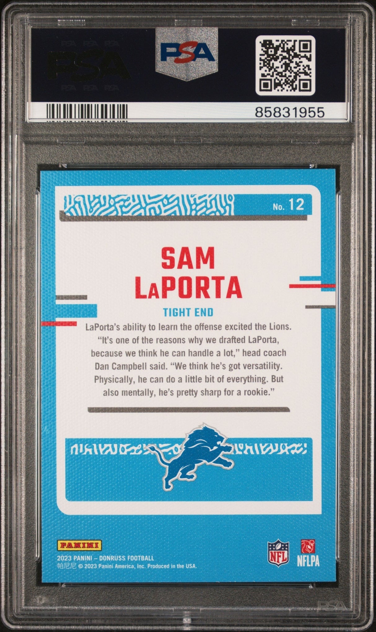 Tarjeta de fútbol de novato RC de Panini Donruss Sam LaPorta #12, clasificada en 2023, PSA 10 Gem Mint.
