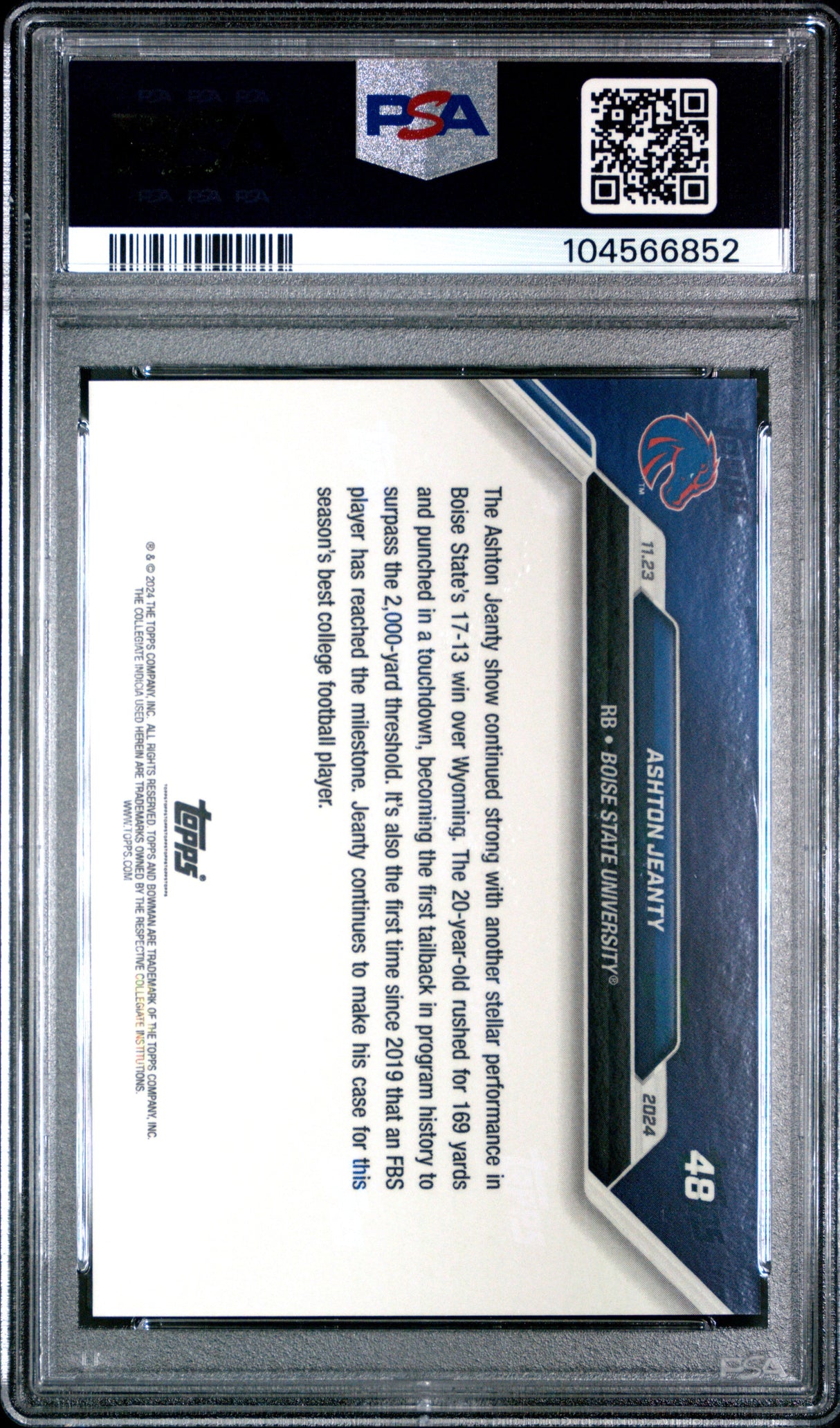 Tarjeta de fútbol americano Ashton Jeanty #48 Rookie RC de Topps Bowman U. 2024, calificada, PSA 10 Gem Mint