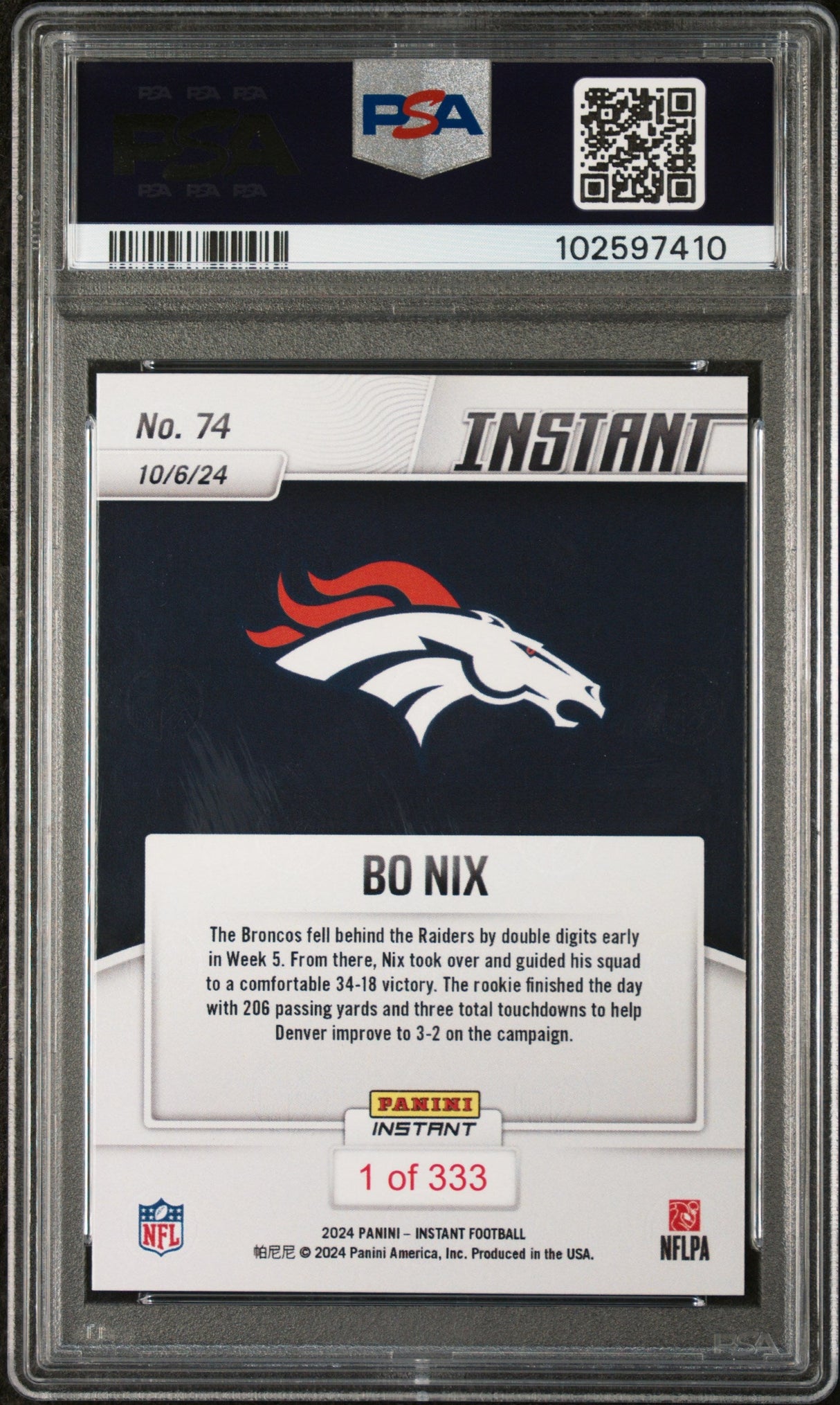 Tarjeta de fútbol americano Panini Instant NFL Bo Nix #74 Rookie RC, calificada en 2024, PSA 10 Gem Mint