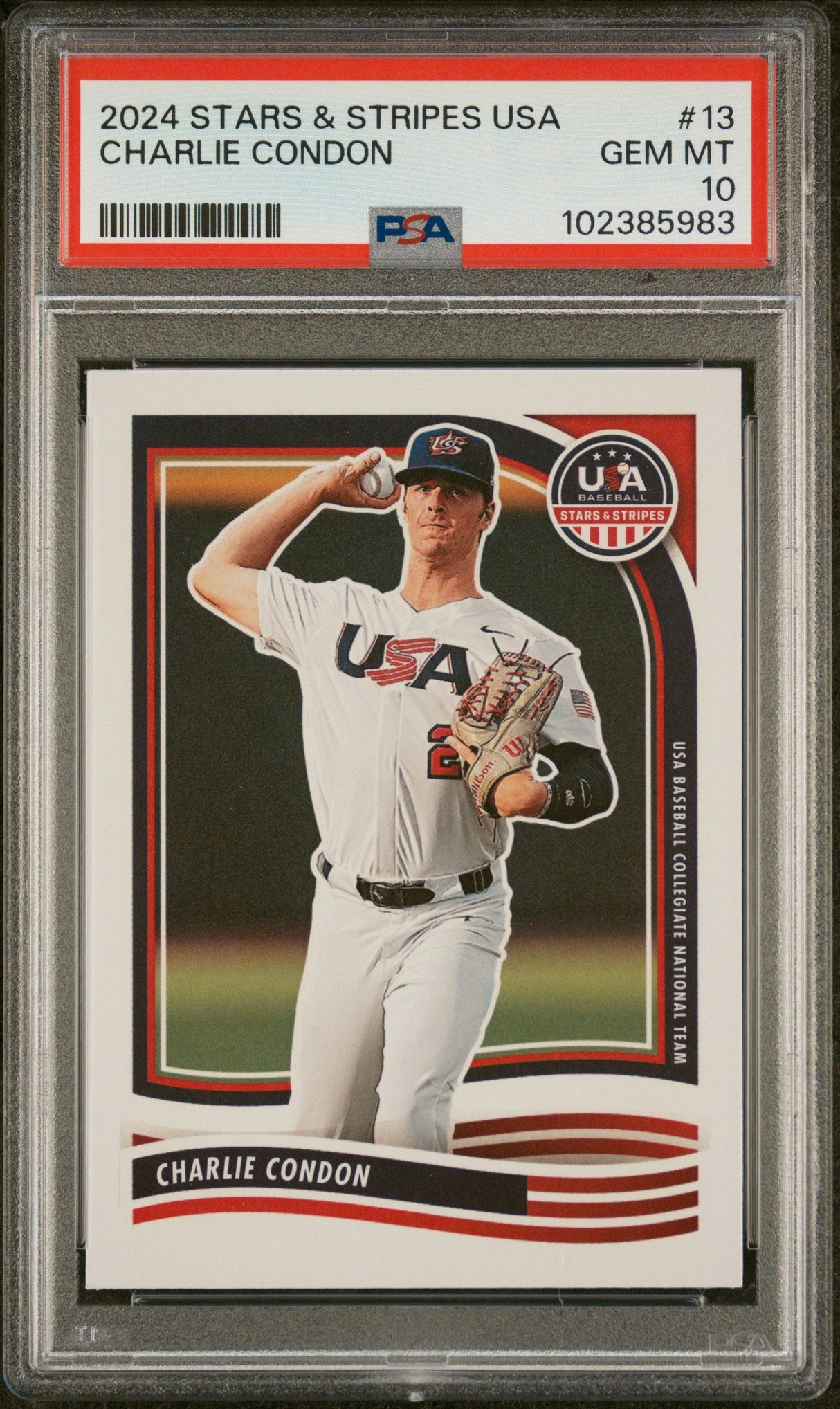 Tarjeta de béisbol Panini Stars &amp; Stripes USA Charlie Condon n.° 13 Rookie RC, clasificada en 2024, PSA 10 Gem Mint